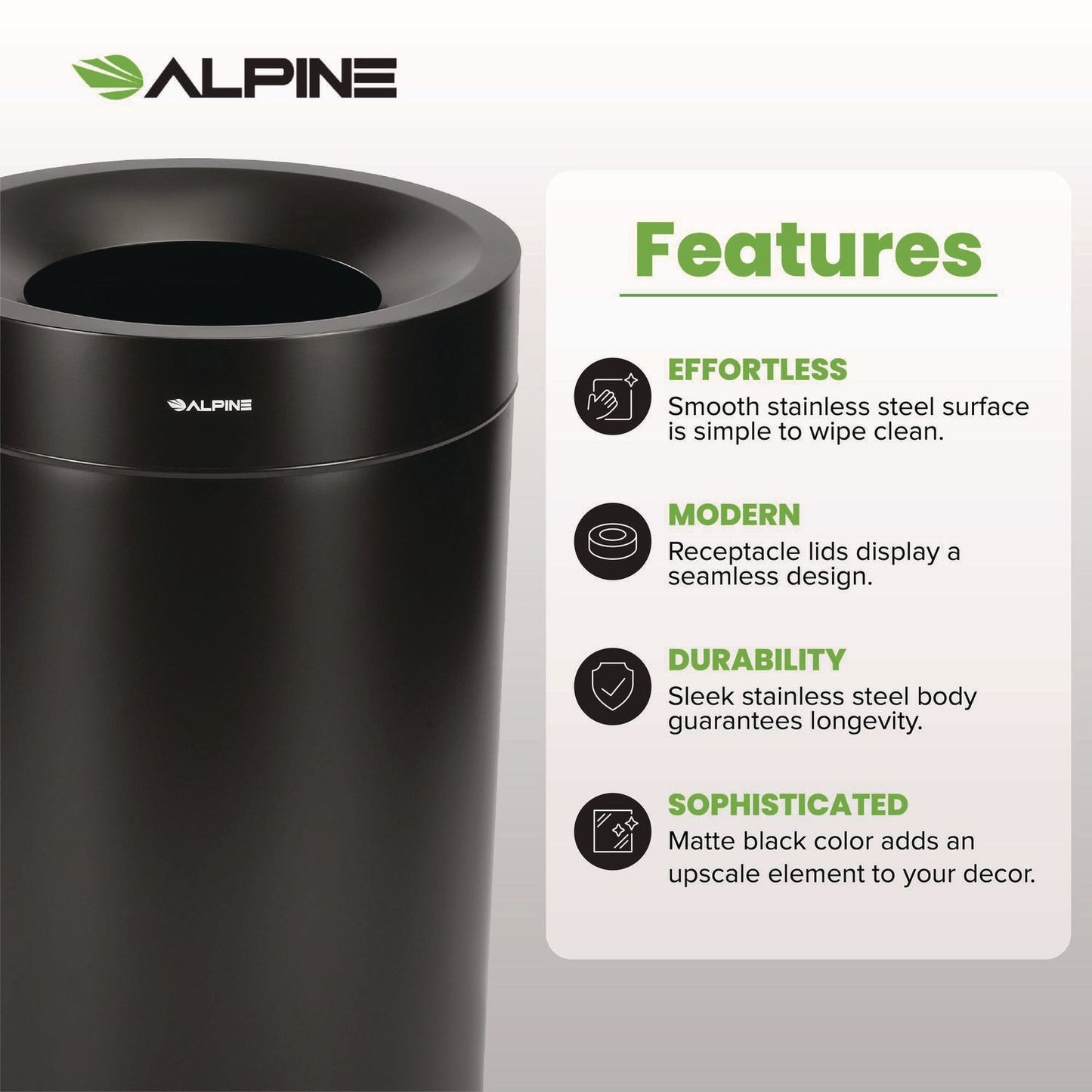 Alpine Industries 27 Gallon Stainless Steel Commercial Indoor Trash Can, Black