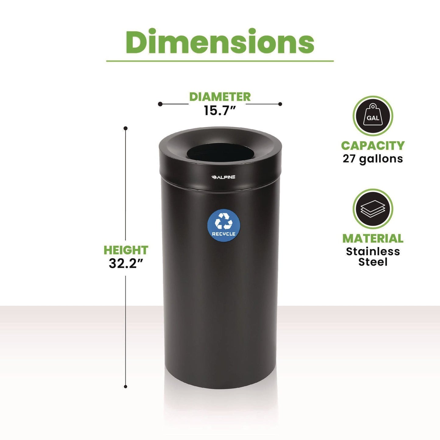 Alpine Industries 27 Gallon Stainless Steel Recycling Can, Black
