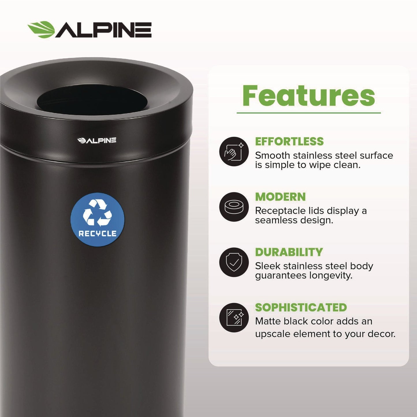 Alpine Industries 27 Gallon Stainless Steel Recycling Can, Black