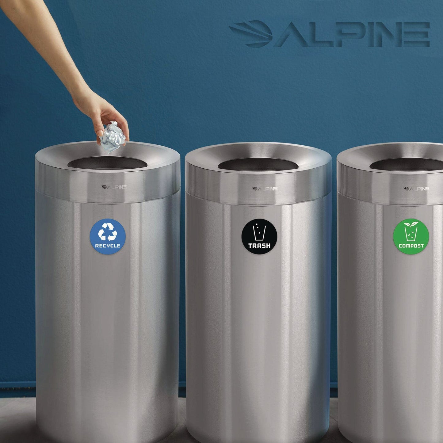 Alpine Industries 27 Gallon Stainless Steel Compost Bin, Recycling Can and Trash Receptacle, Brushed Stainless Steel