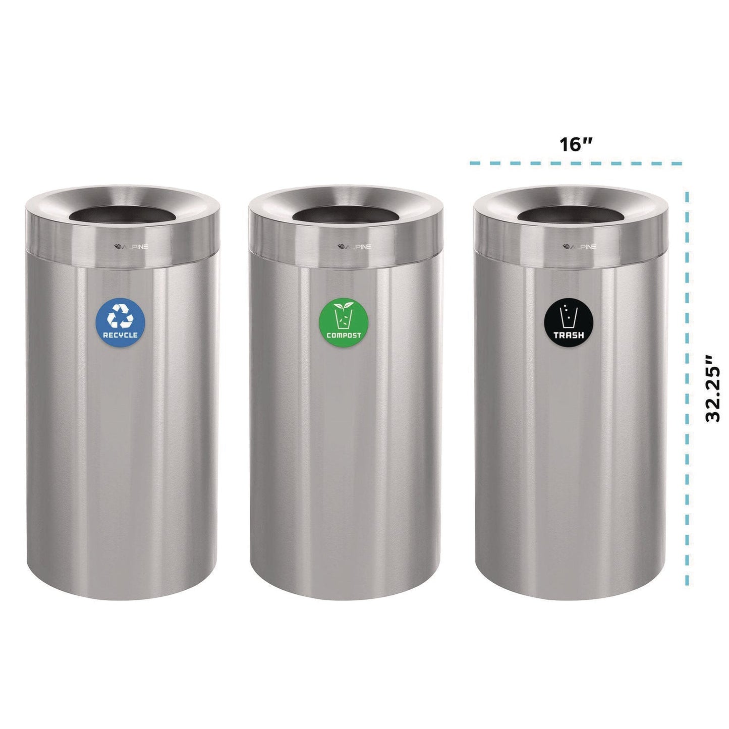 Alpine Industries 27 Gallon Stainless Steel Compost Bin, Recycling Can and Trash Receptacle, Brushed Stainless Steel