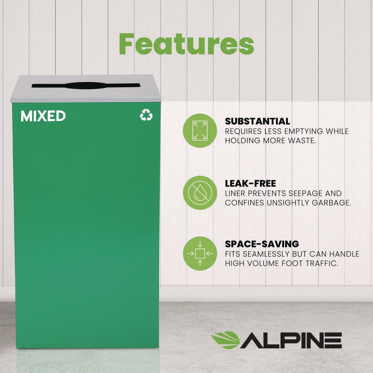 Alpine Industries 29 Gallon Trash/Recycling Cans, Steel, Green Mixed Recycling Can with Mixed Lid