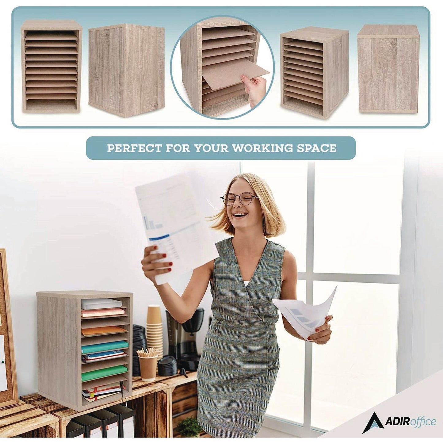 AdirOffice 11 Compartment Wood Mail Paper Sorter Literature Organizer, 11 Sections, Letter Size, 10.75 x 11.75 x 16.2, Medium Oak