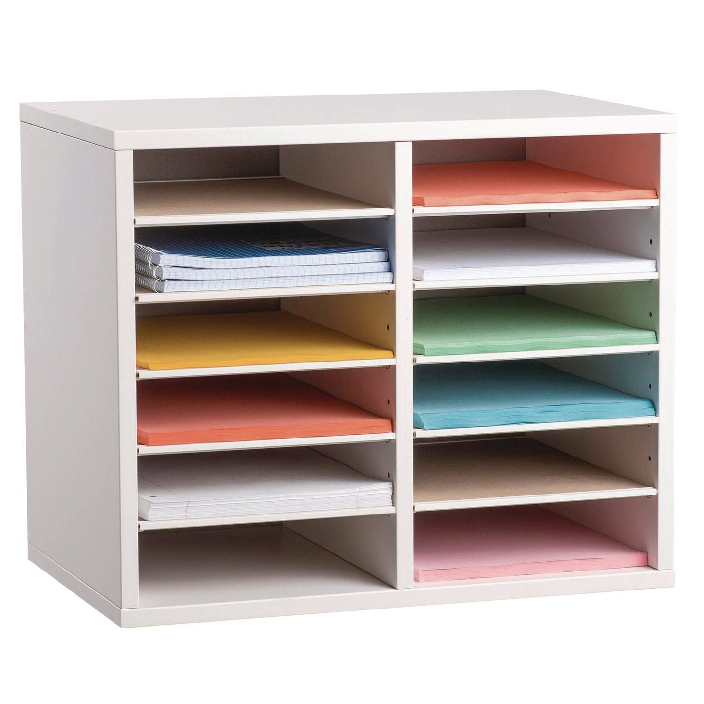 AdirOffice Wood Adjustable 12 Compartment Literature Organizer, 12 Sections, Letter Size, 20 x 11.8 x 16.3, White