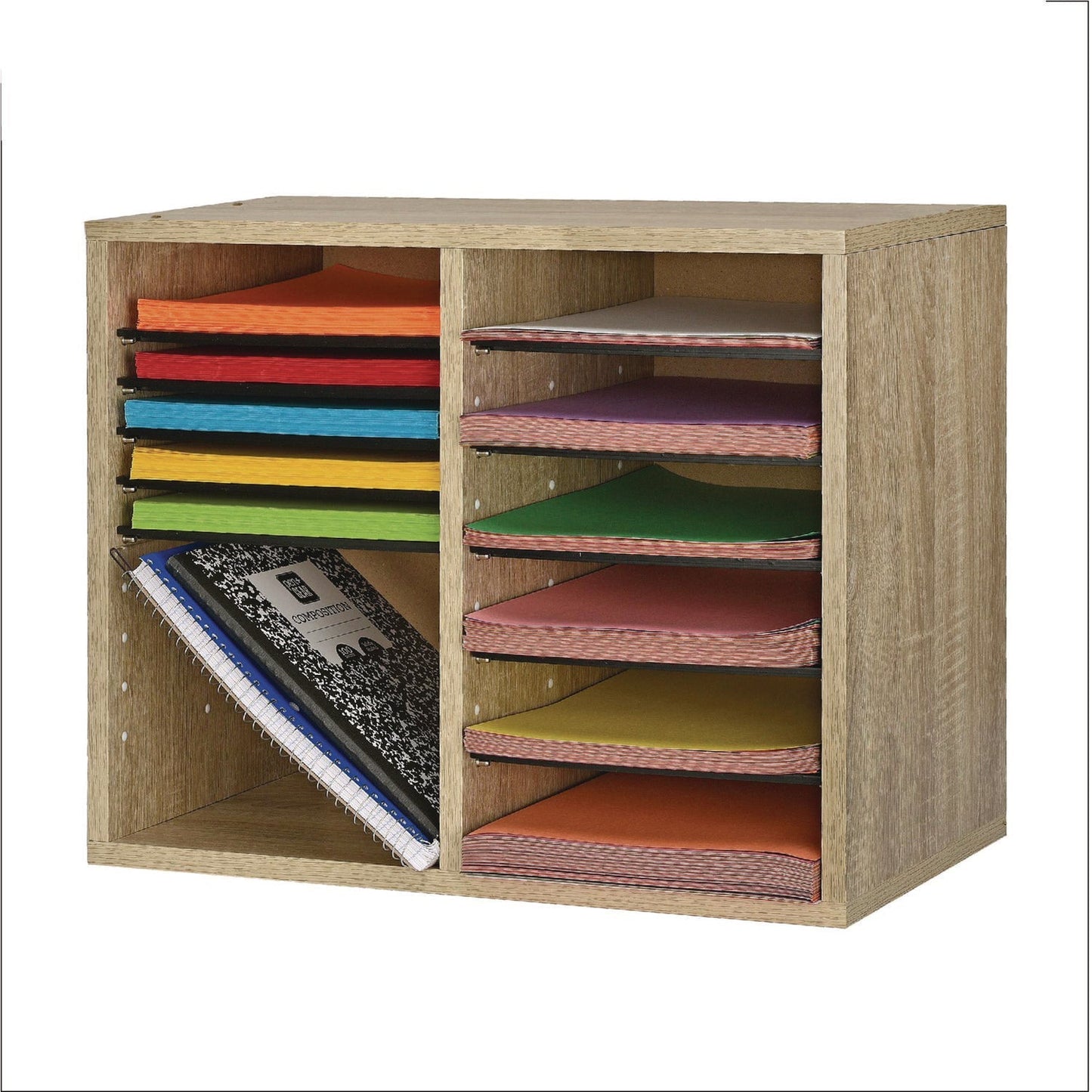 AdirOffice Wood Adjustable 12 Compartment Literature Organizer, 12 Sections, Letter Size, 20 x 11.8 x 16.3, Medium Oak
