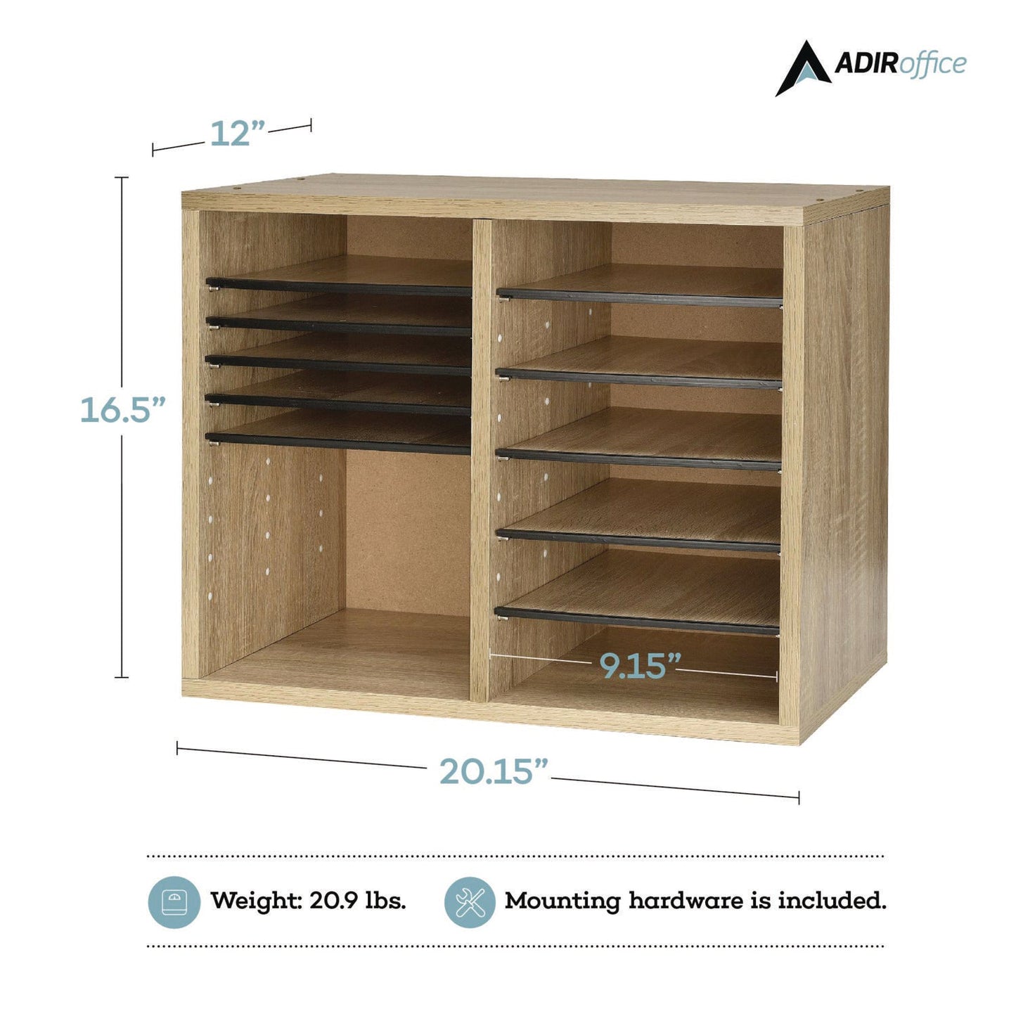 AdirOffice Wood Adjustable 12 Compartment Literature Organizer, 12 Sections, Letter Size, 20 x 11.8 x 16.3, Medium Oak