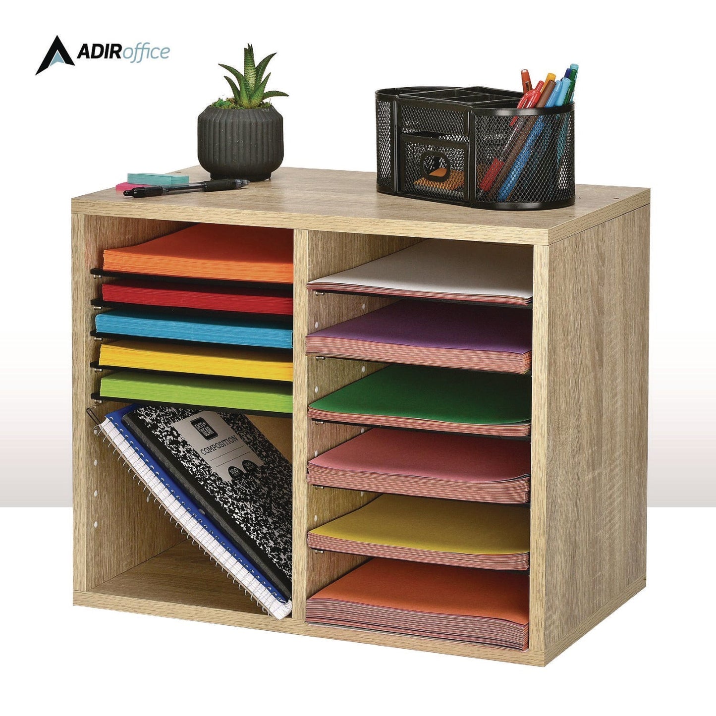 AdirOffice Wood Adjustable 12 Compartment Literature Organizer, 12 Sections, Letter Size, 20 x 11.8 x 16.3, Medium Oak