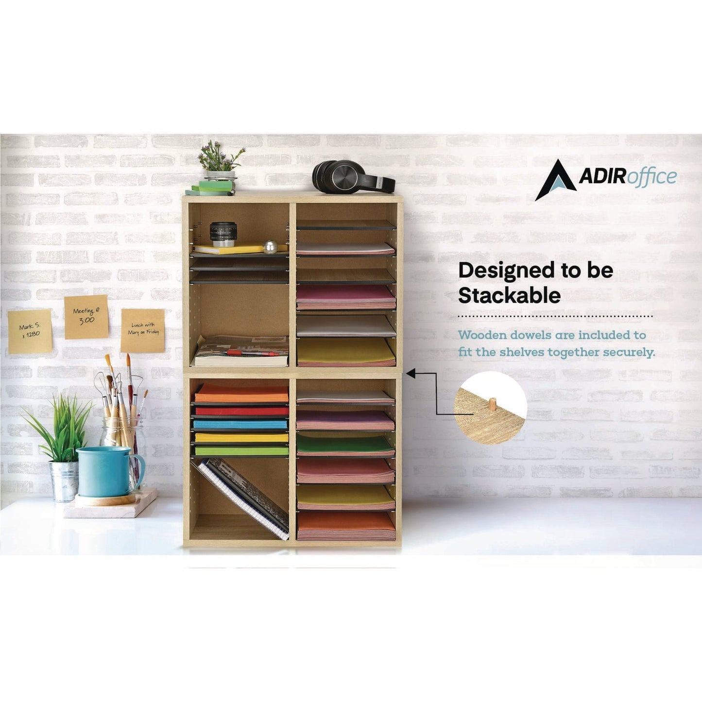AdirOffice Wood Adjustable 12 Compartment Literature Organizer, 12 Sections, Letter Size, 20 x 11.8 x 16.3, Medium Oak