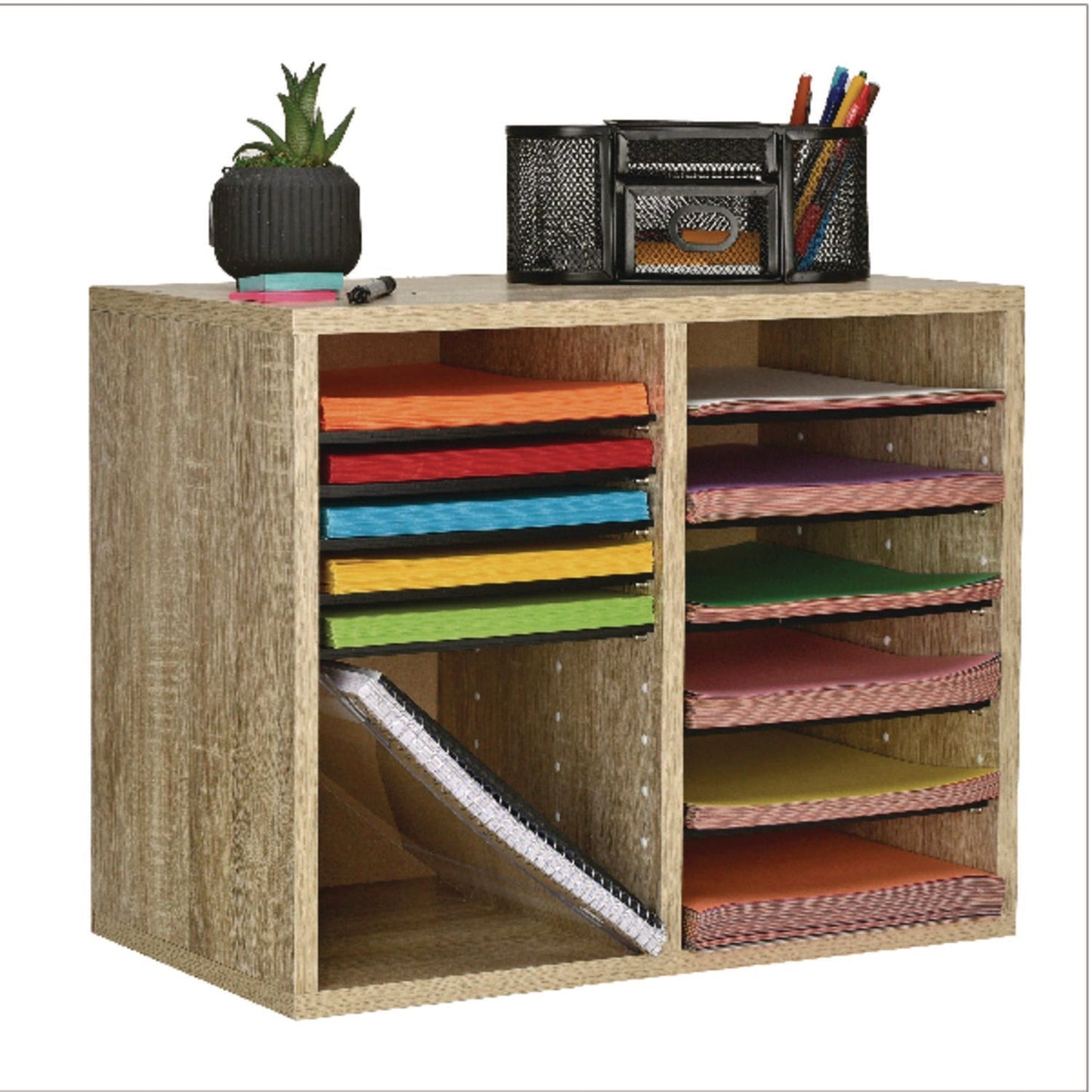 AdirOffice Wood Adjustable 12 Compartment Literature Organizer, 12 Sections, Letter Size, 20 x 11.8 x 16.3, Medium Oak