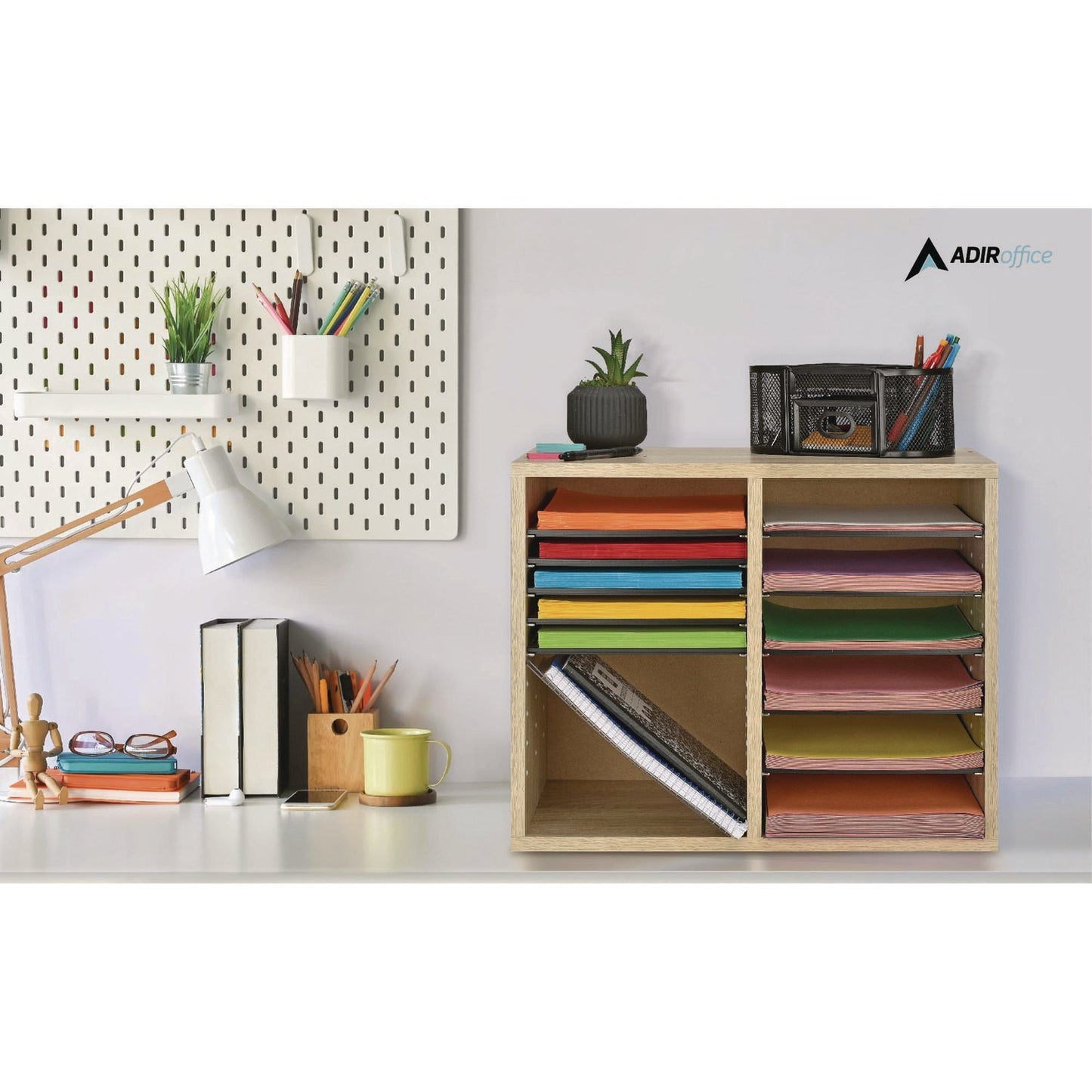 AdirOffice Wood Adjustable 12 Compartment Literature Organizer, 12 Sections, Letter Size, 20 x 11.8 x 16.3, Medium Oak