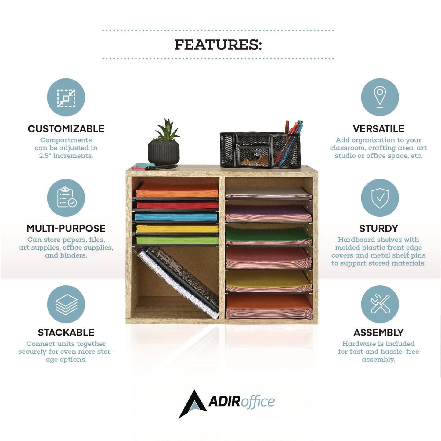 AdirOffice Wood Adjustable 12 Compartment Literature Organizer, 12 Sections, Letter Size, 20 x 11.8 x 16.3, Medium Oak