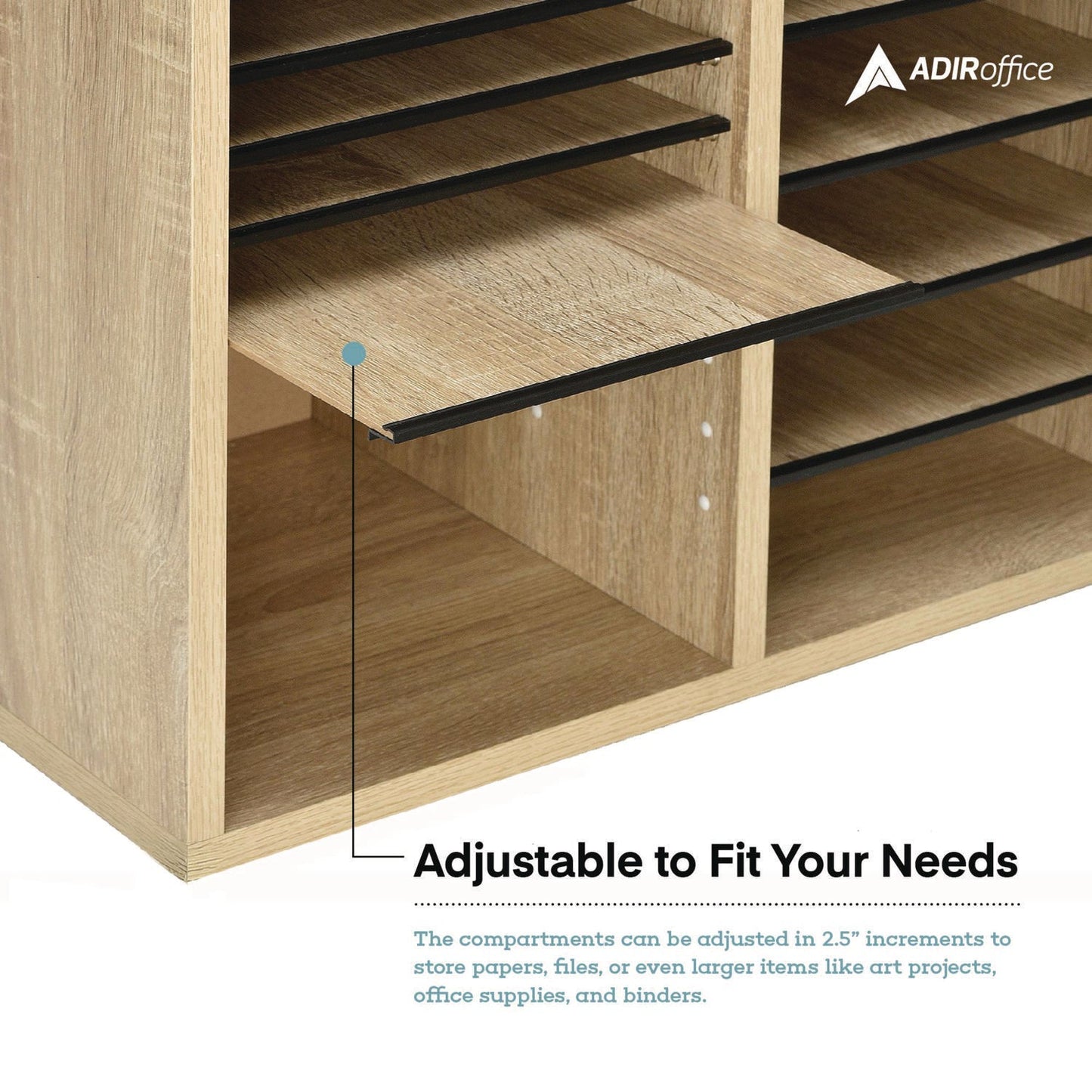 AdirOffice Wood Adjustable 12 Compartment Literature Organizer, 12 Sections, Letter Size, 20 x 11.8 x 16.3, Medium Oak