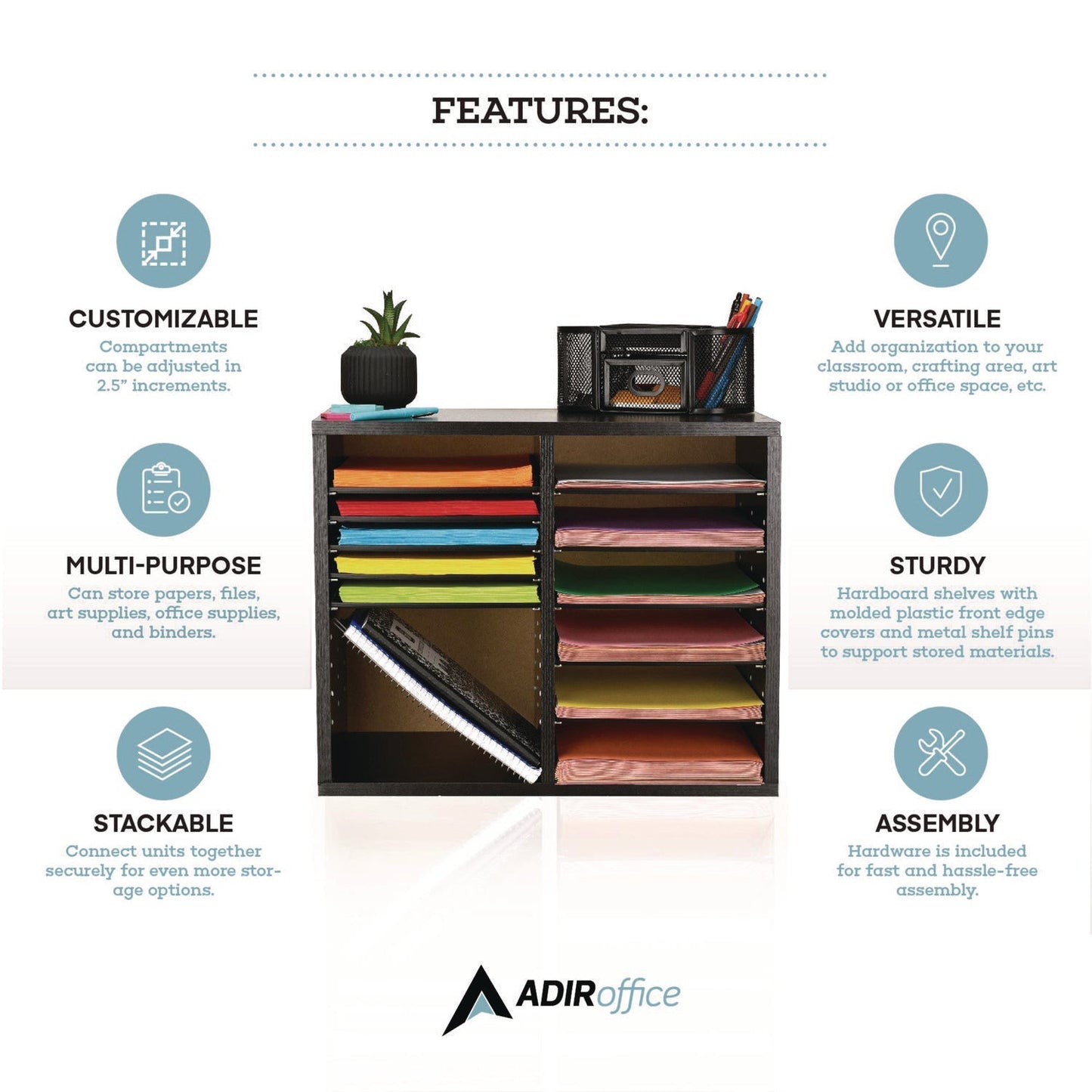 AdirOffice Wood Adjustable 12 Compartment Literature Organizer, 12 Sections, Letter Size, 20 x 11.8 x 16.3, Black
