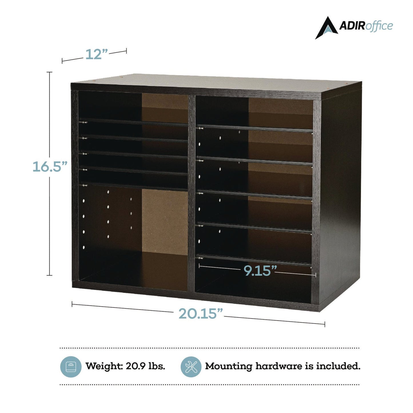 AdirOffice Wood Adjustable 12 Compartment Literature Organizer, 12 Sections, Letter Size, 20 x 11.8 x 16.3, Black