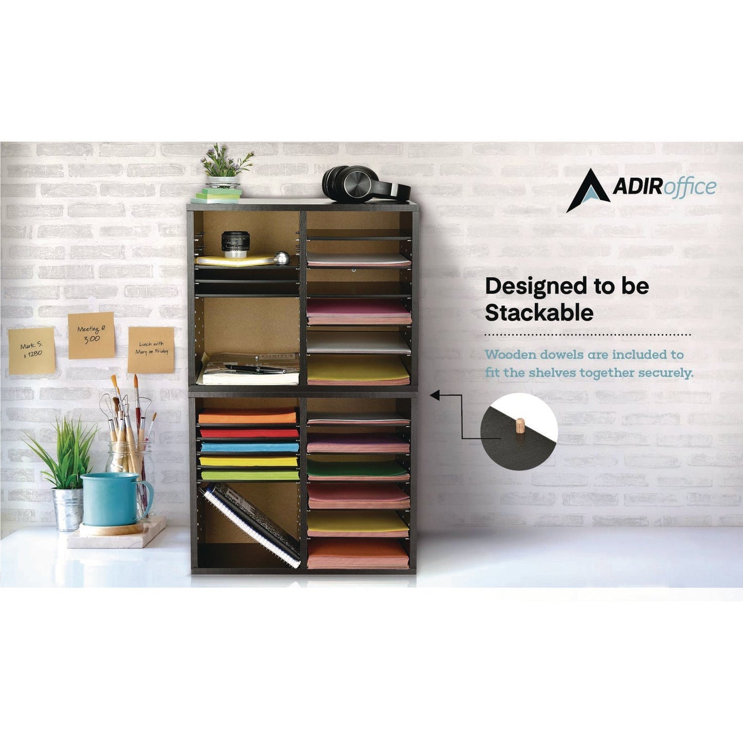 AdirOffice Wood Adjustable 12 Compartment Literature Organizer, 12 Sections, Letter Size, 20 x 11.8 x 16.3, Black