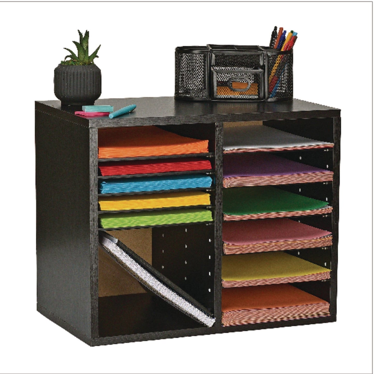 AdirOffice Wood Adjustable 12 Compartment Literature Organizer, 12 Sections, Letter Size, 20 x 11.8 x 16.3, Black