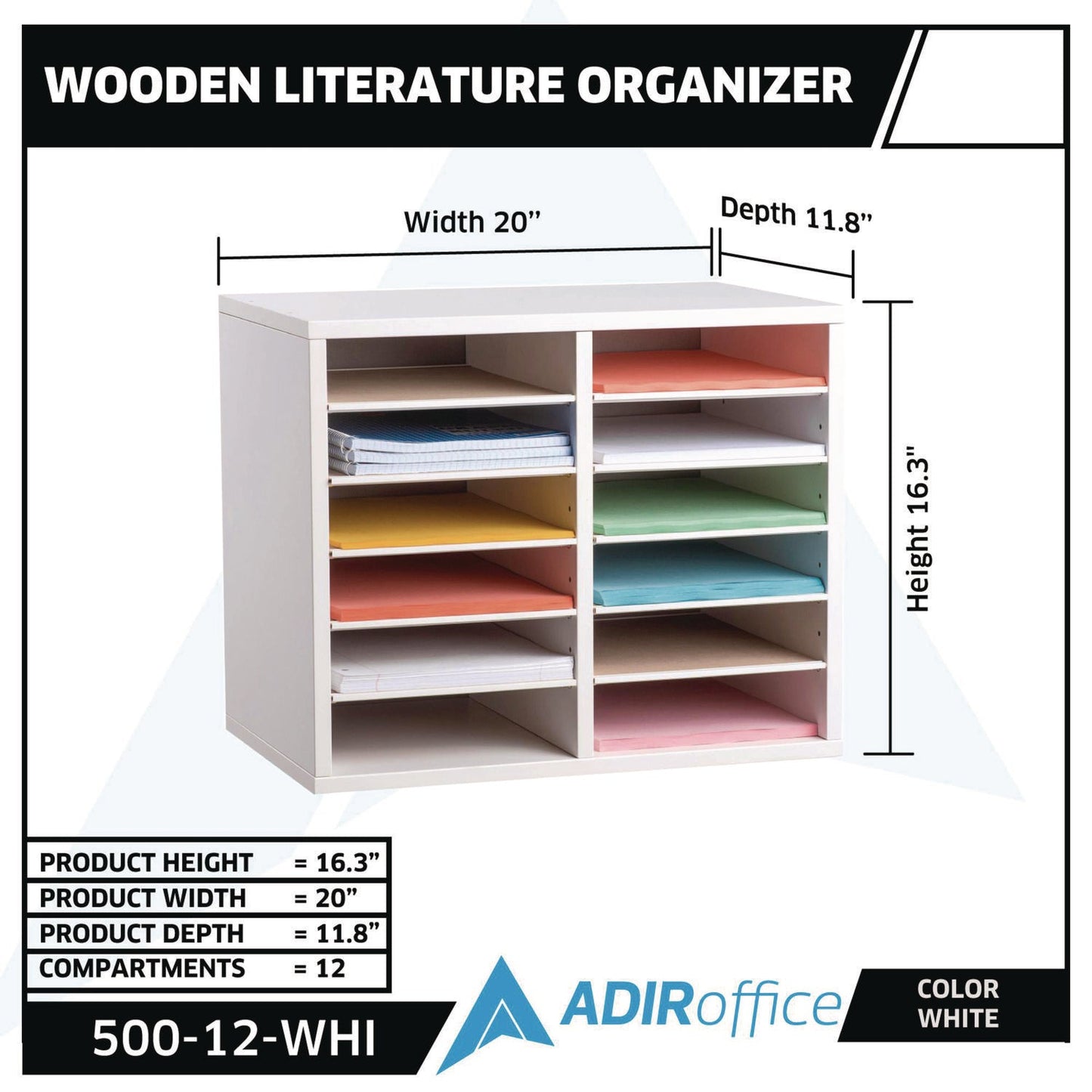 AdirOffice Wood Adjustable 12 Compartment Literature Organizer, 12 Sections, Letter Size, 20 x 11.8 x 16.3, White