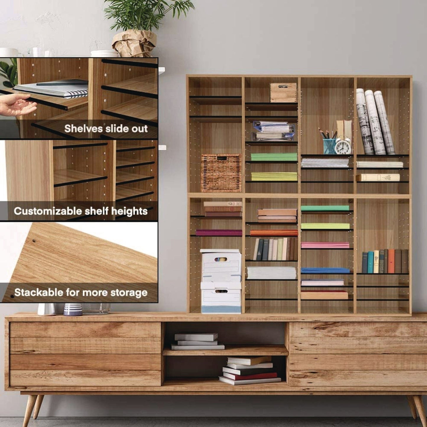 AdirOffice Wood Adjustable 36 Compartment Literature Organizer, 36 Sections, Letter Size, 39.3 x 11.8 x 23.9, Medium Oak