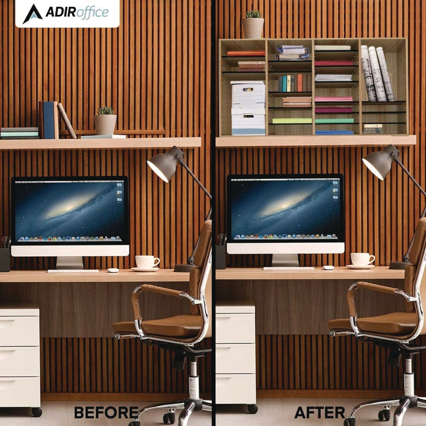 AdirOffice Wood Adjustable 36 Compartment Literature Organizer, 36 Sections, Letter Size, 39.3 x 11.8 x 23.9, Medium Oak