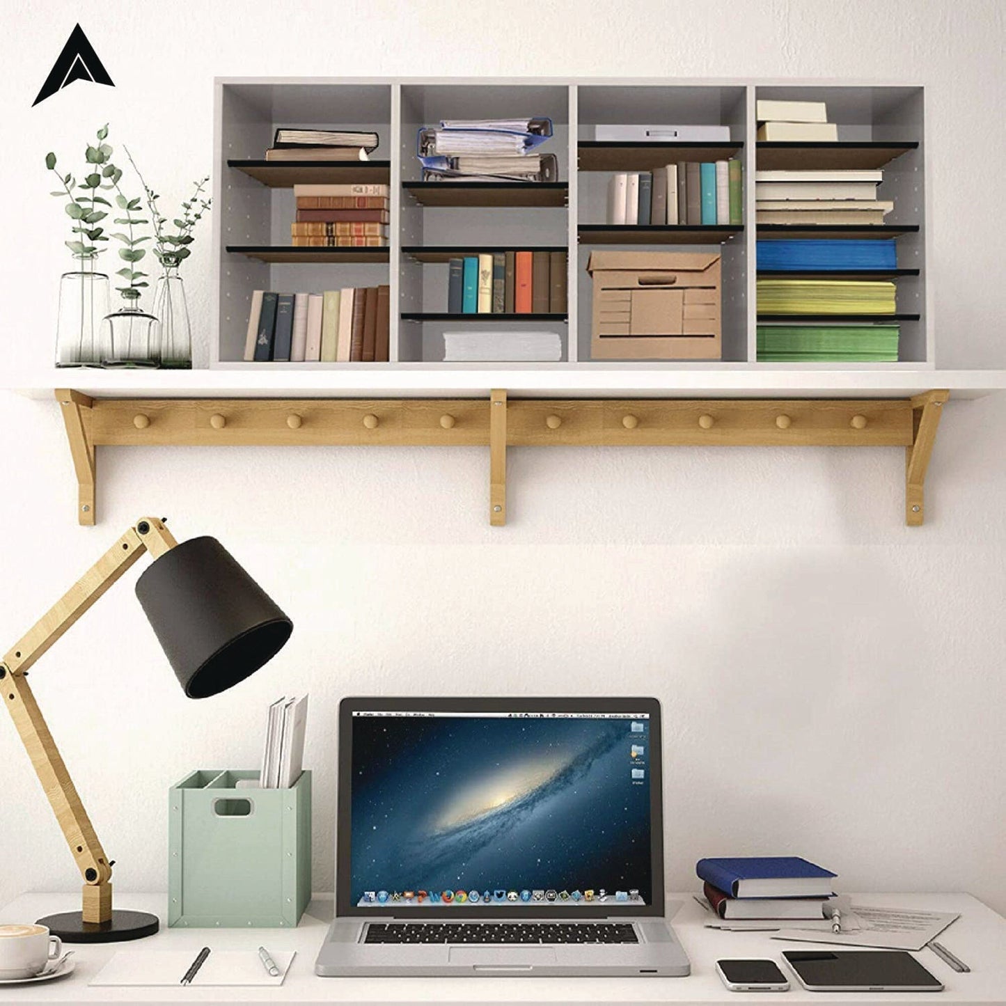 AdirOffice Wood Adjustable 24 Compartment Literature Organizer, 24 Sections, Letter Size, 39.3 x 11.8 x 16.3, White