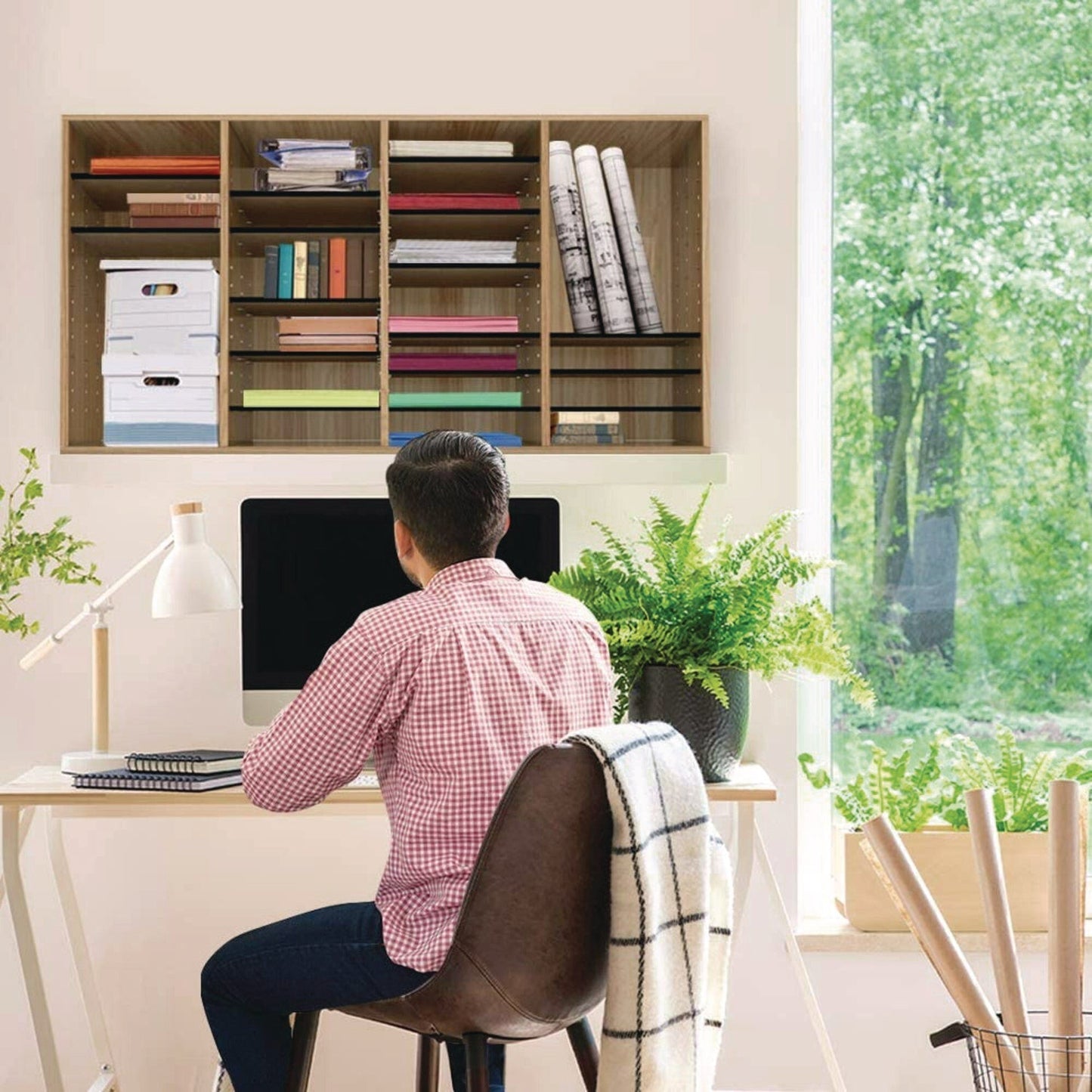 AdirOffice Wood Adjustable 36 Compartment Literature Organizer, 36 Sections, Letter Size, 39.3 x 11.8 x 23.9, Medium Oak