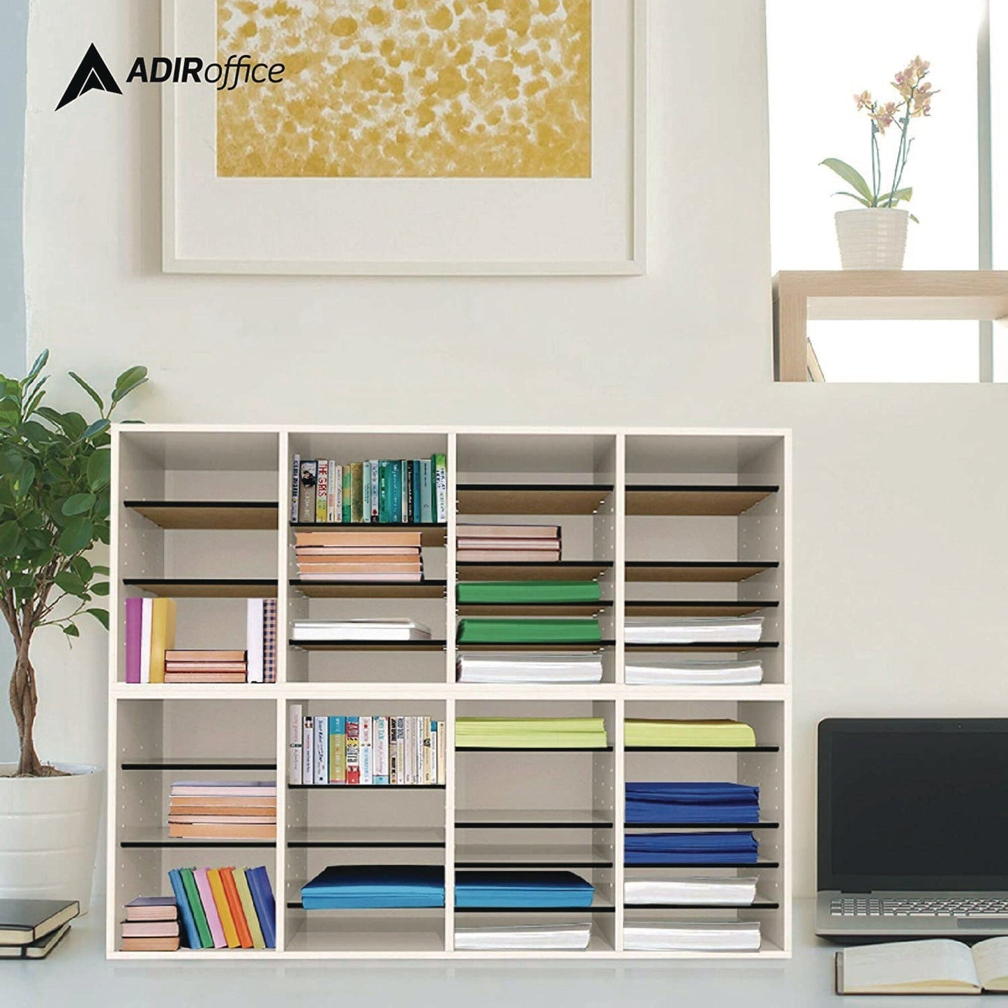 AdirOffice Wood Adjustable 24 Compartment Literature Organizer, 24 Sections, Letter Size, 39.3 x 11.8 x 16.3, White