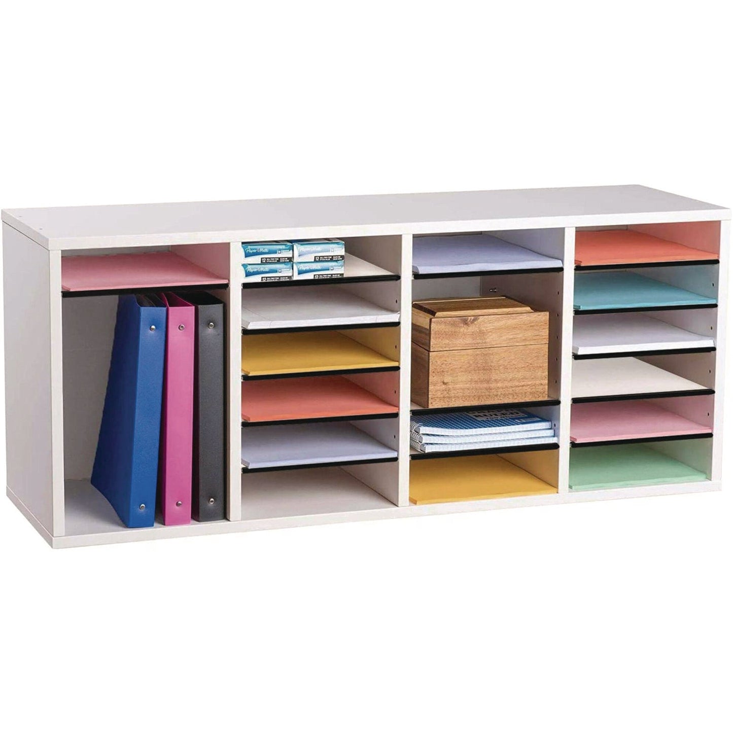 AdirOffice Wood Adjustable 24 Compartment Literature Organizer, 24 Sections, Letter Size, 39.3 x 11.8 x 16.3, White