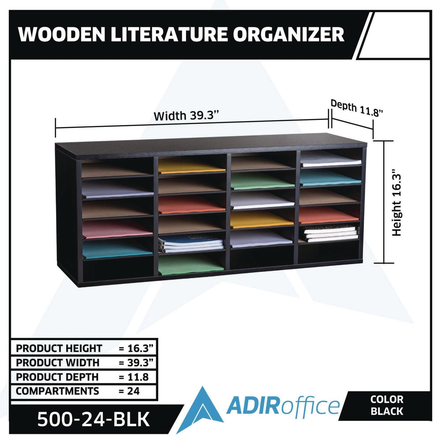 AdirOffice Wood Adjustable 24 Compartment Literature Organizer, 24 Sections, Letter Size, 39.3 x 11.8 x 16.3, Black