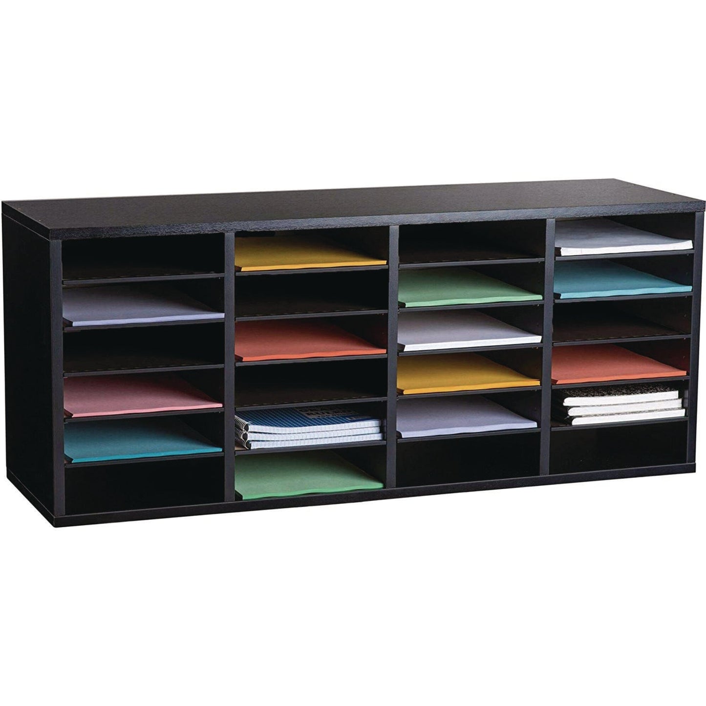 AdirOffice Wood Adjustable 24 Compartment Literature Organizer, 24 Sections, Letter Size, 39.3 x 11.8 x 16.3, Black