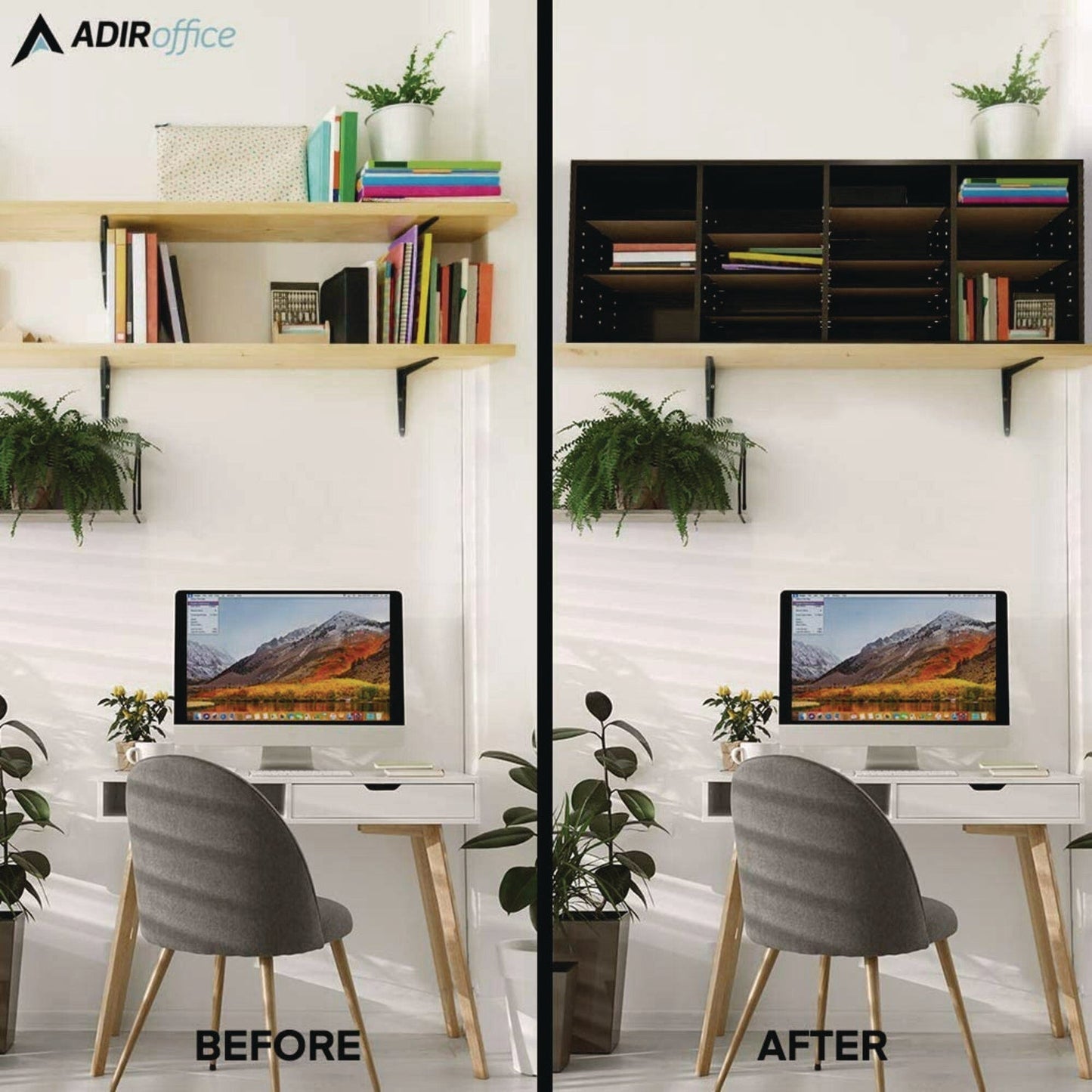 AdirOffice Wood Adjustable 24 Compartment Literature Organizer, 24 Sections, Letter Size, 39.3 x 11.8 x 16.3, Black