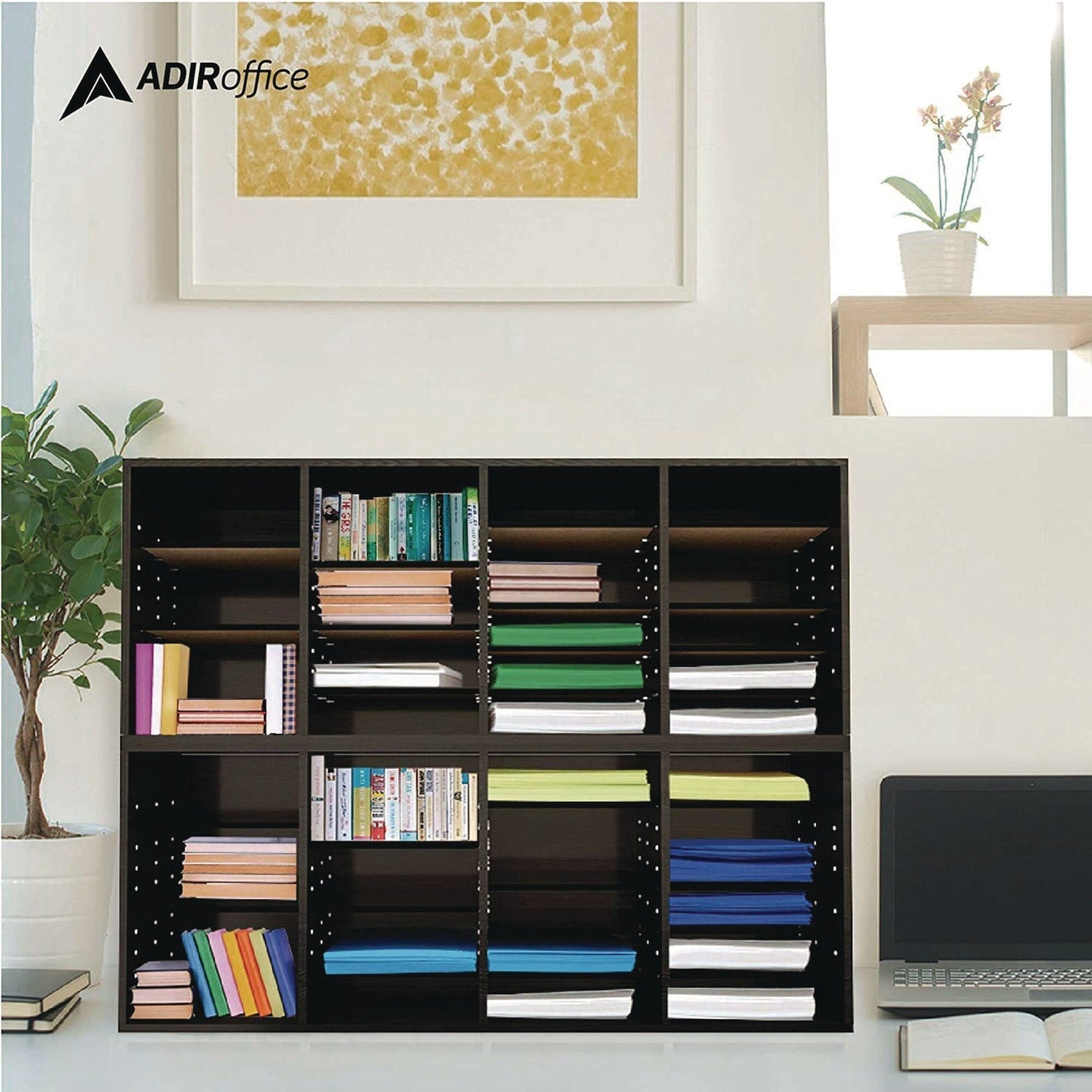 AdirOffice Wood Adjustable 24 Compartment Literature Organizer, 24 Sections, Letter Size, 39.3 x 11.8 x 16.3, Black