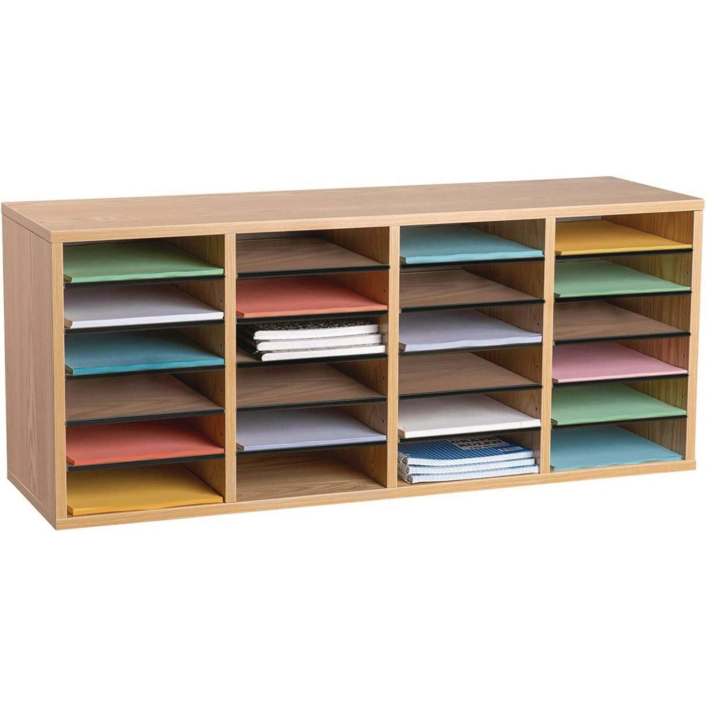 AdirOffice Wood Adjustable 24 Compartment Literature Organizer, 24 Sections, Letter Size, 39.3 x 11.8 x 16.3, Medium Oak