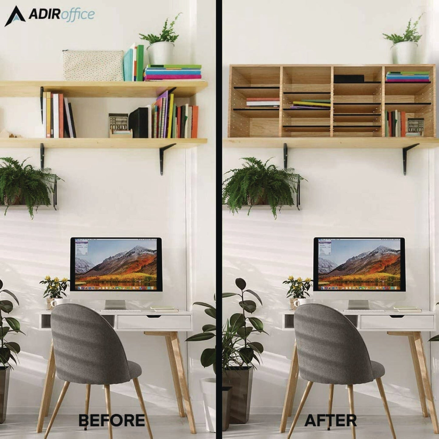 AdirOffice Wood Adjustable 24 Compartment Literature Organizer, 24 Sections, Letter Size, 39.3 x 11.8 x 16.3, Medium Oak