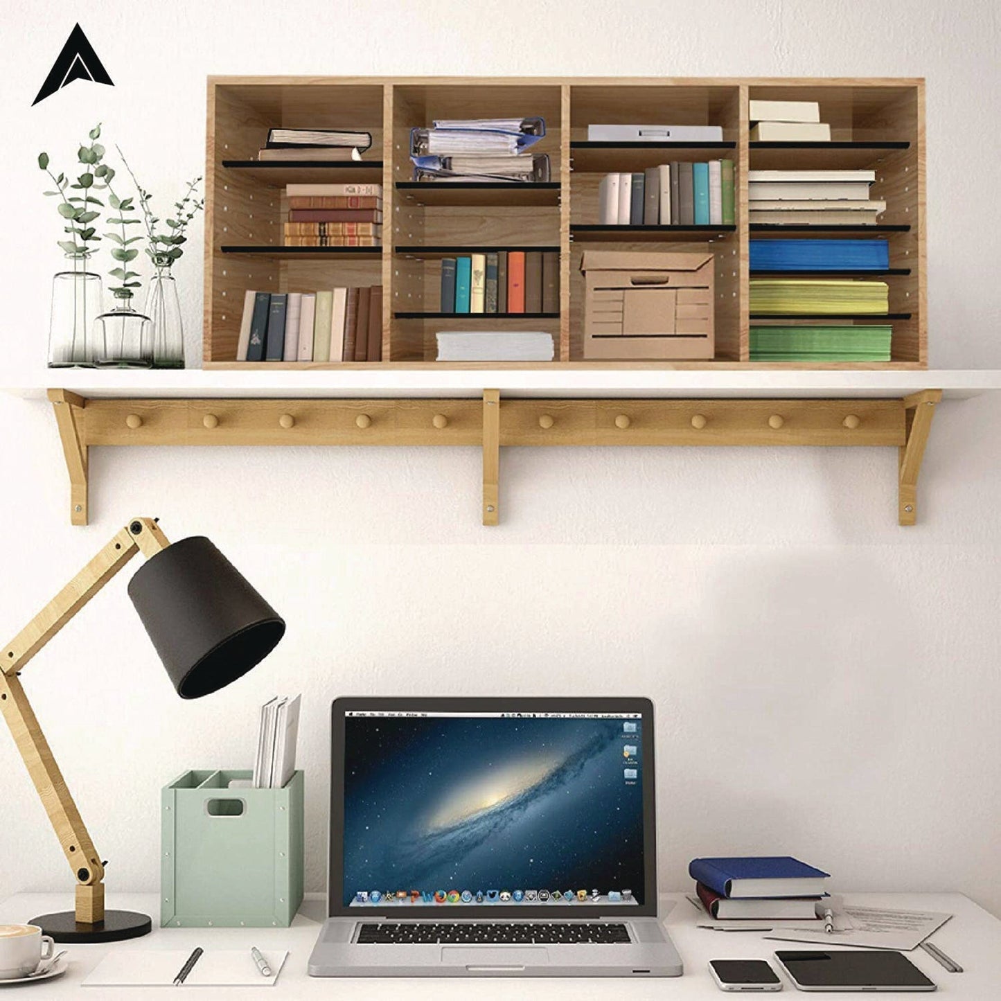 AdirOffice Wood Adjustable 24 Compartment Literature Organizer, 24 Sections, Letter Size, 39.3 x 11.8 x 16.3, Medium Oak