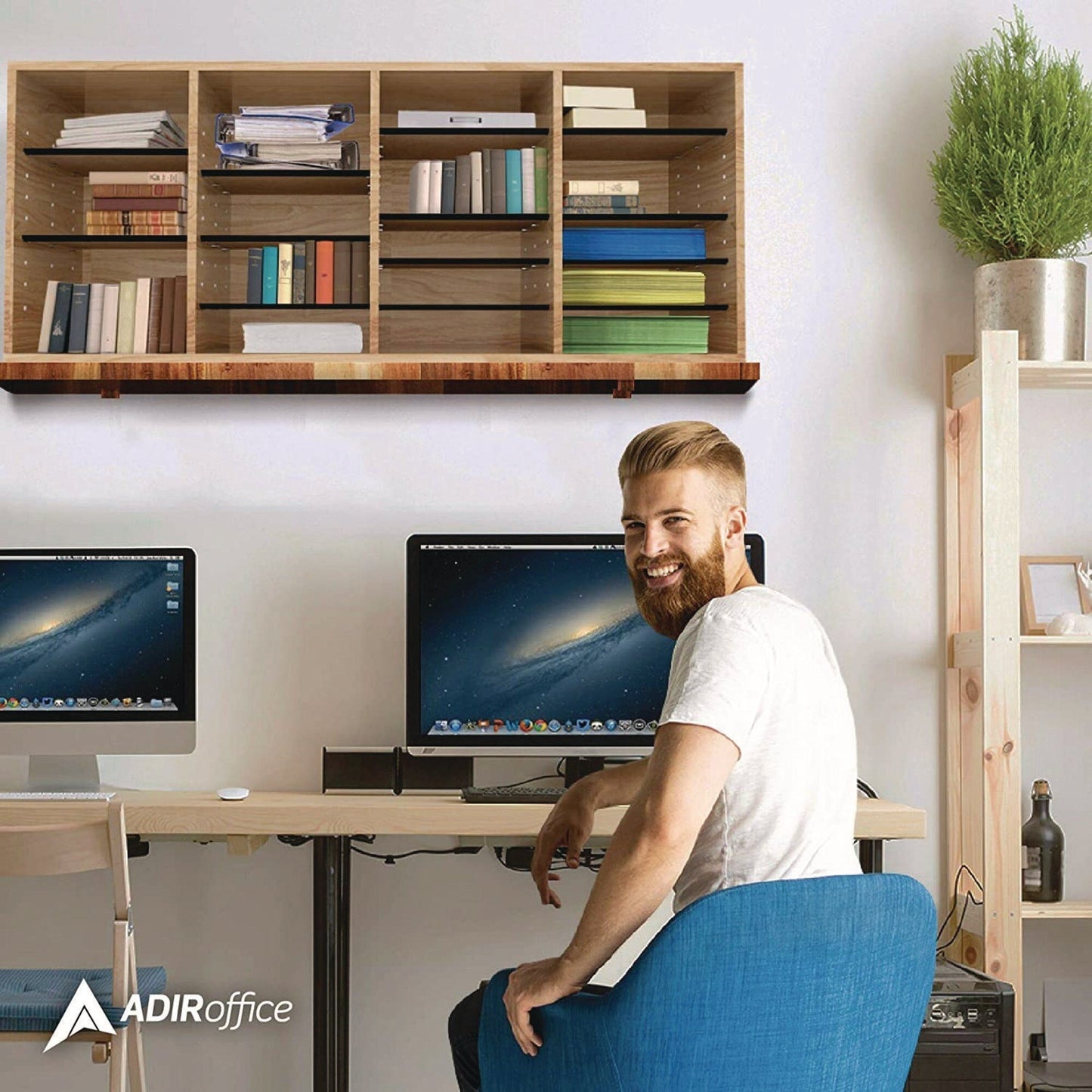 AdirOffice Wood Adjustable 24 Compartment Literature Organizer, 24 Sections, Letter Size, 39.3 x 11.8 x 16.3, Medium Oak