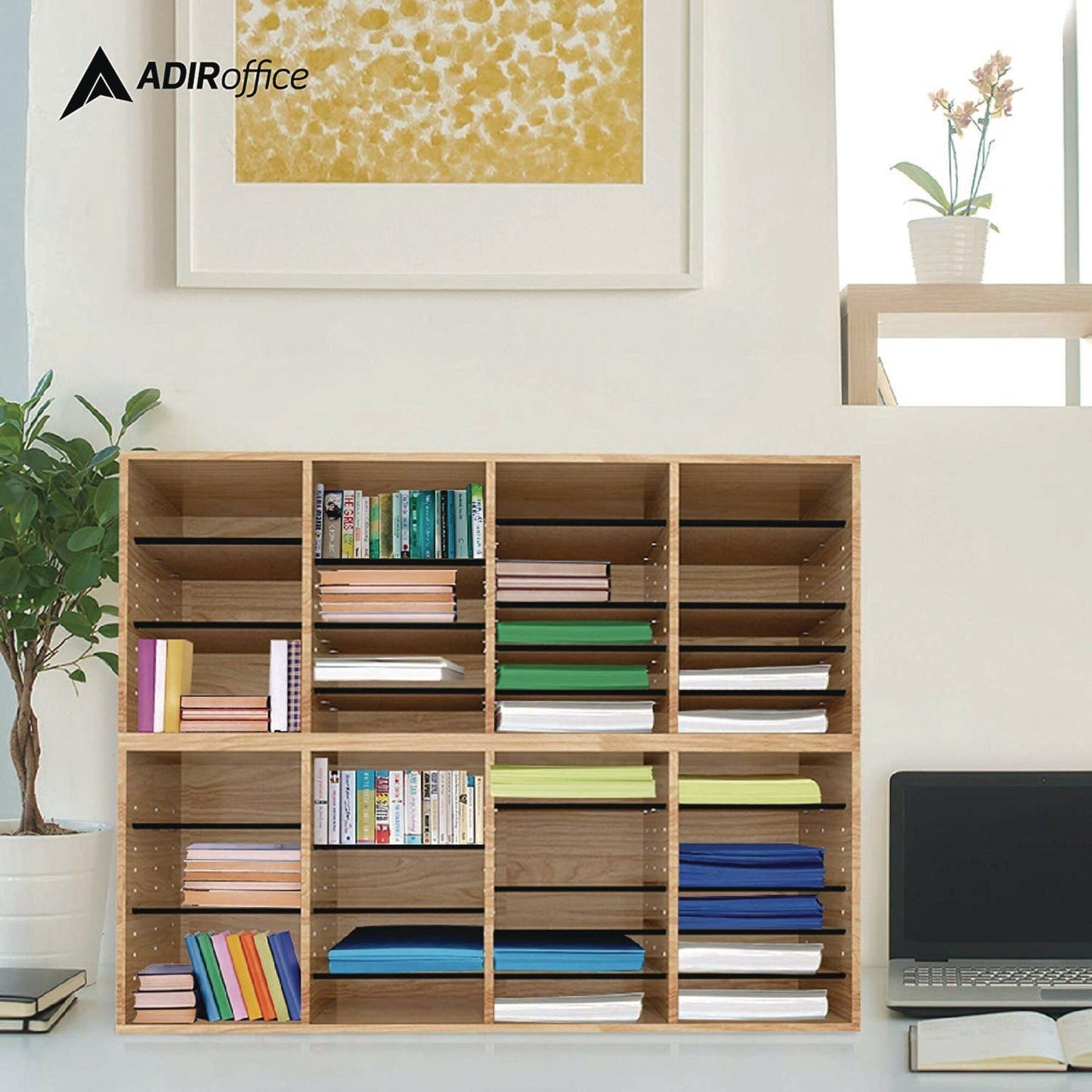 AdirOffice Wood Adjustable 24 Compartment Literature Organizer, 24 Sections, Letter Size, 39.3 x 11.8 x 16.3, Medium Oak