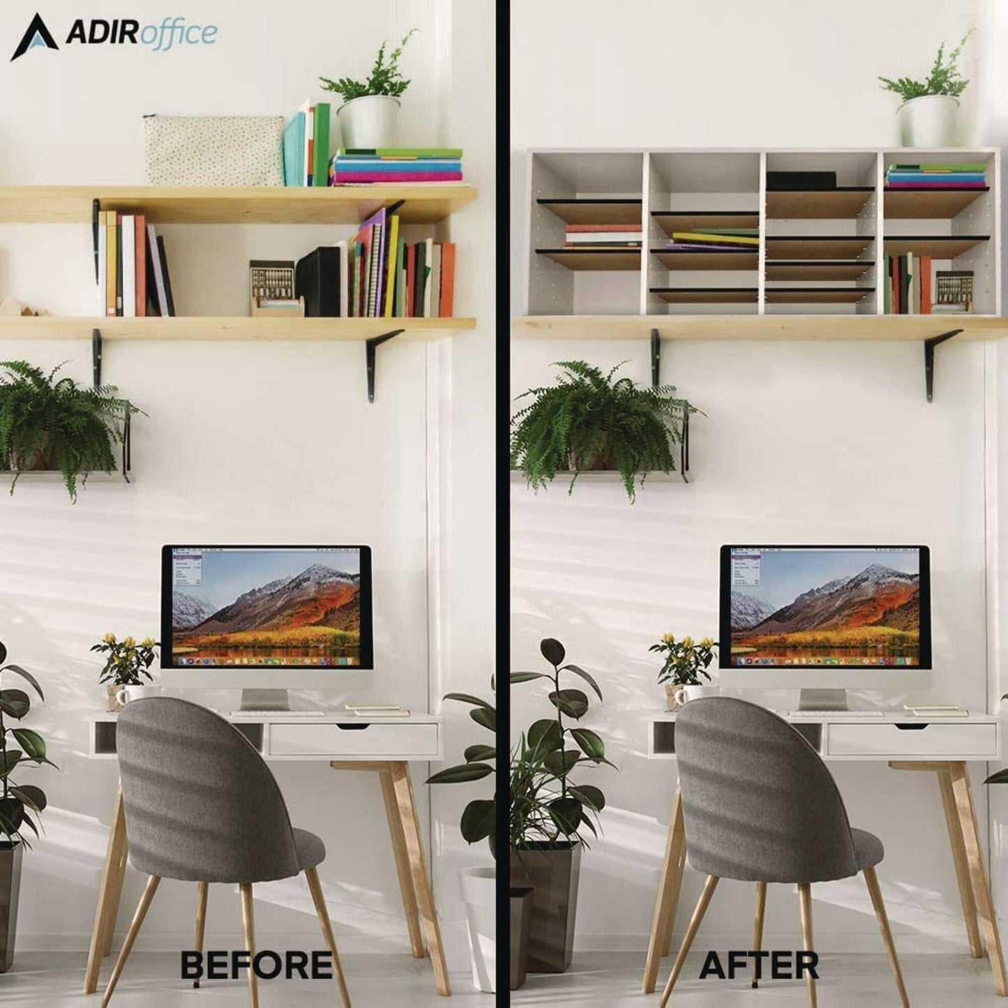 AdirOffice Wood Adjustable 24 Compartment Literature Organizer, 24 Sections, Letter Size, 39.3 x 11.8 x 16.3, White