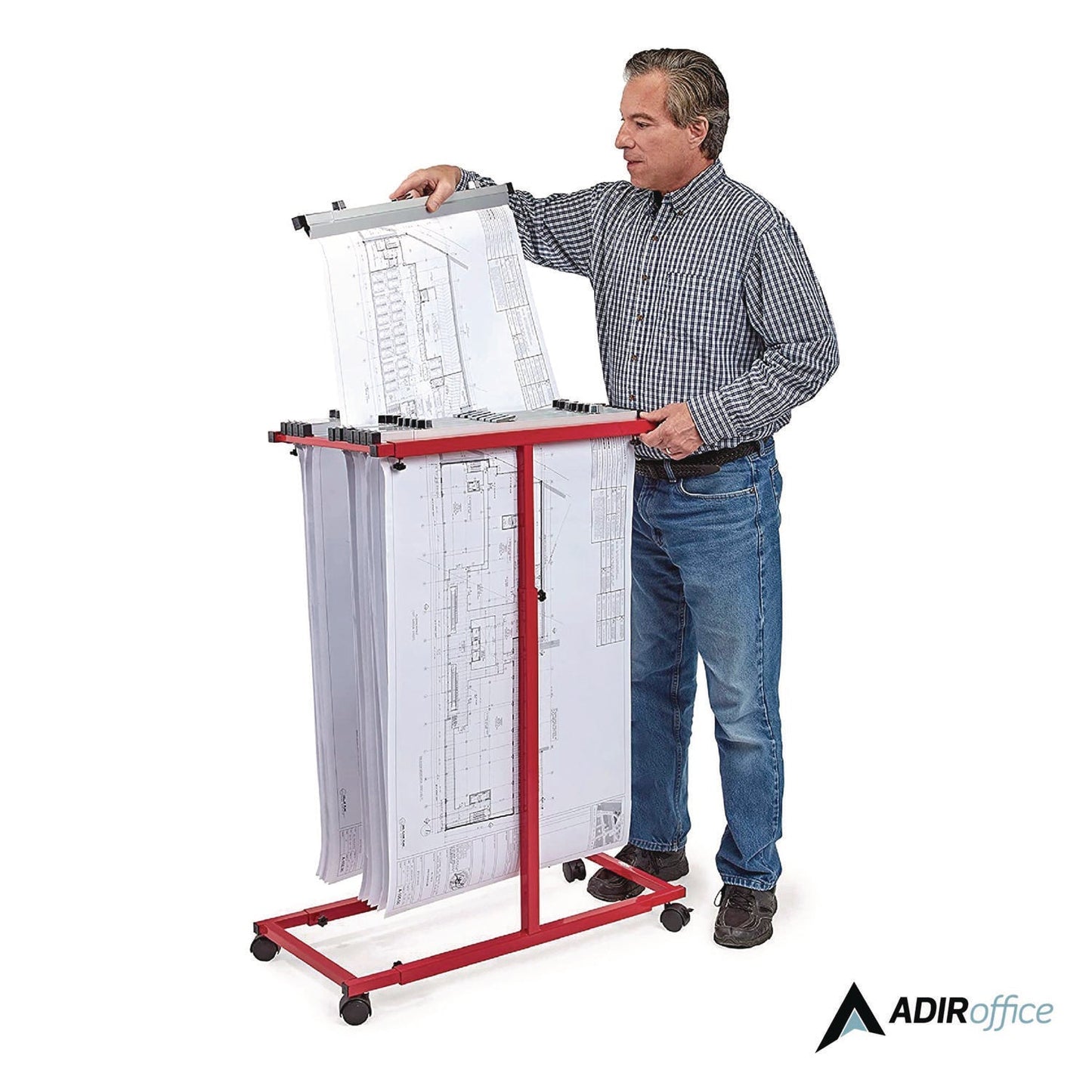 AdirOffice Blueprint Storage Cabinet Steel Vertical Plan Center, Assorted Document Sizes, 15" x 27" to 47.25" x 32.5" to 57", Red