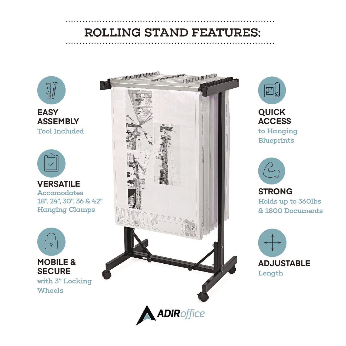 AdirOffice Expandable Blueprint Storage Cabinet Mobile Plan Center, Assorted Document Sizes, 20.5" x 28" to 46.5" x 50.75", Black