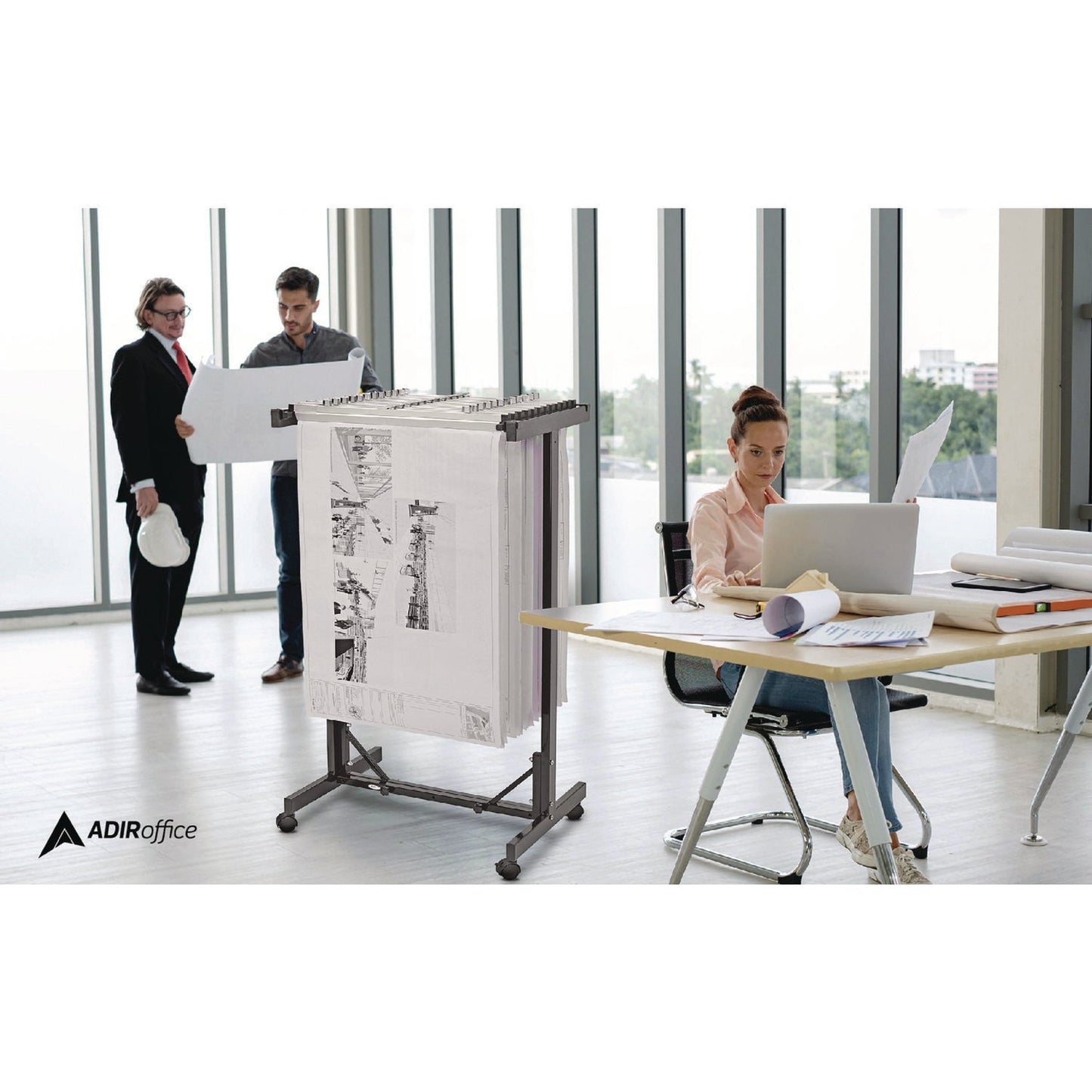 AdirOffice Expandable Blueprint Storage Cabinet Mobile Plan Center, Assorted Document Sizes, 20.5" x 28" to 46.5" x 50.75", Black