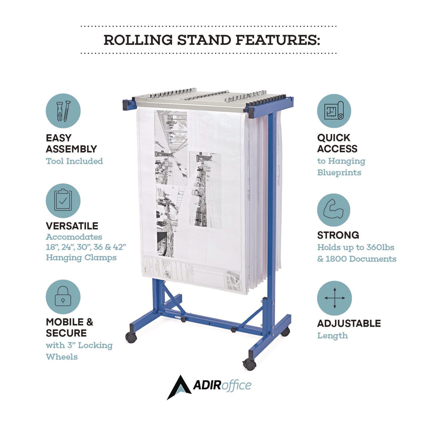 AdirOffice Expandable Blueprint Storage Cabinet Mobile Plan Center, Assorted Document Sizes, 20.5" x 28" to 46.5" x 50.75", Blue