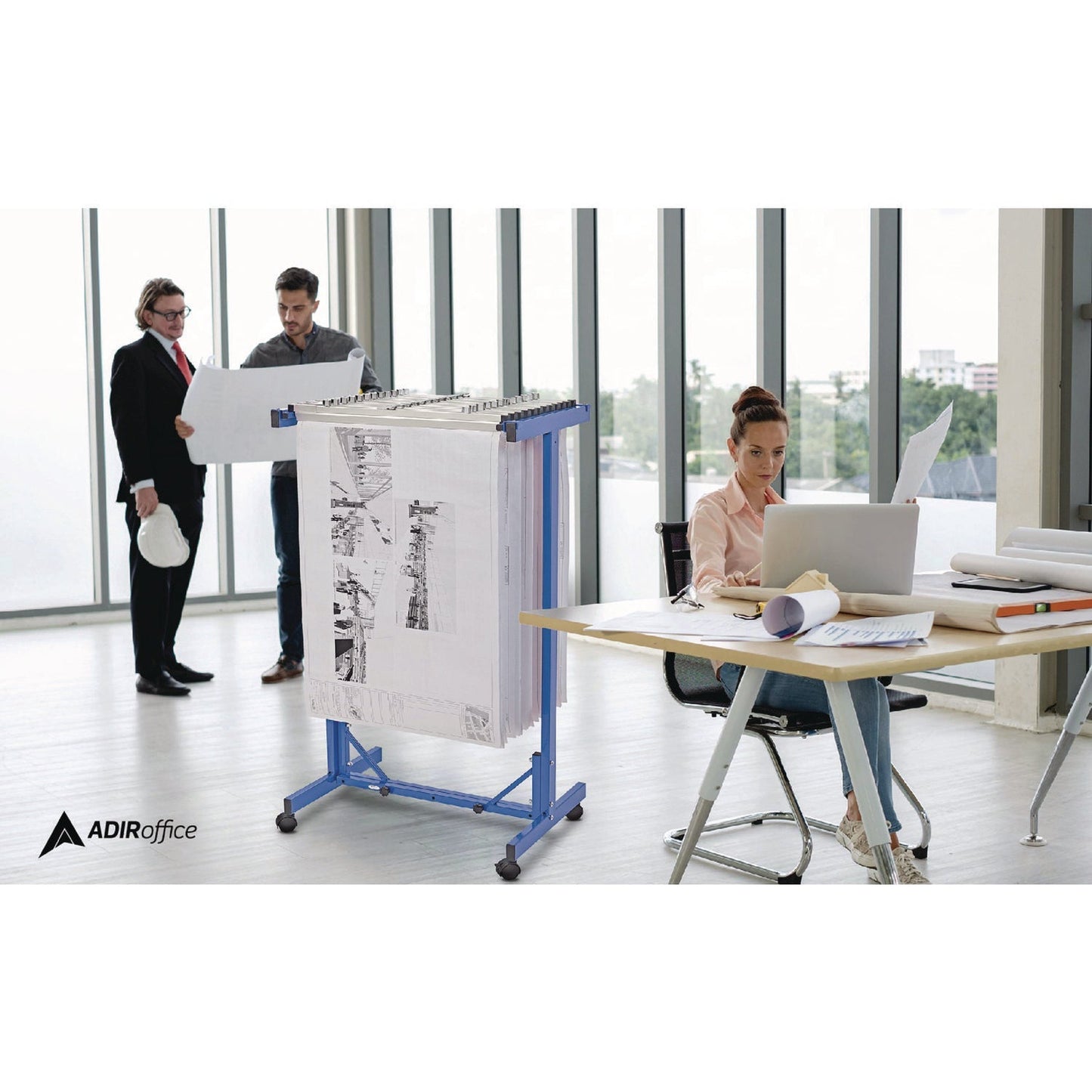 AdirOffice Expandable Blueprint Storage Cabinet Mobile Plan Center, Assorted Document Sizes, 20.5" x 28" to 46.5" x 50.75", Blue