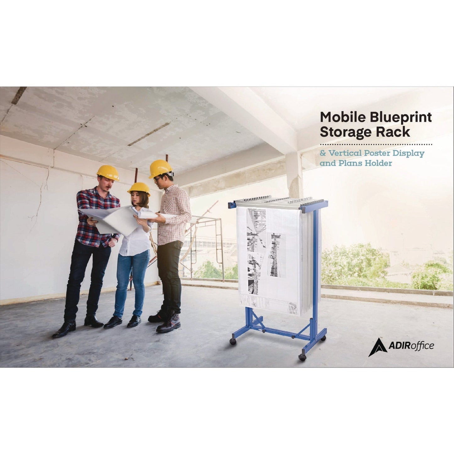 AdirOffice Expandable Blueprint Storage Cabinet Mobile Plan Center, Assorted Document Sizes, 20.5" x 28" to 46.5" x 50.75", Blue
