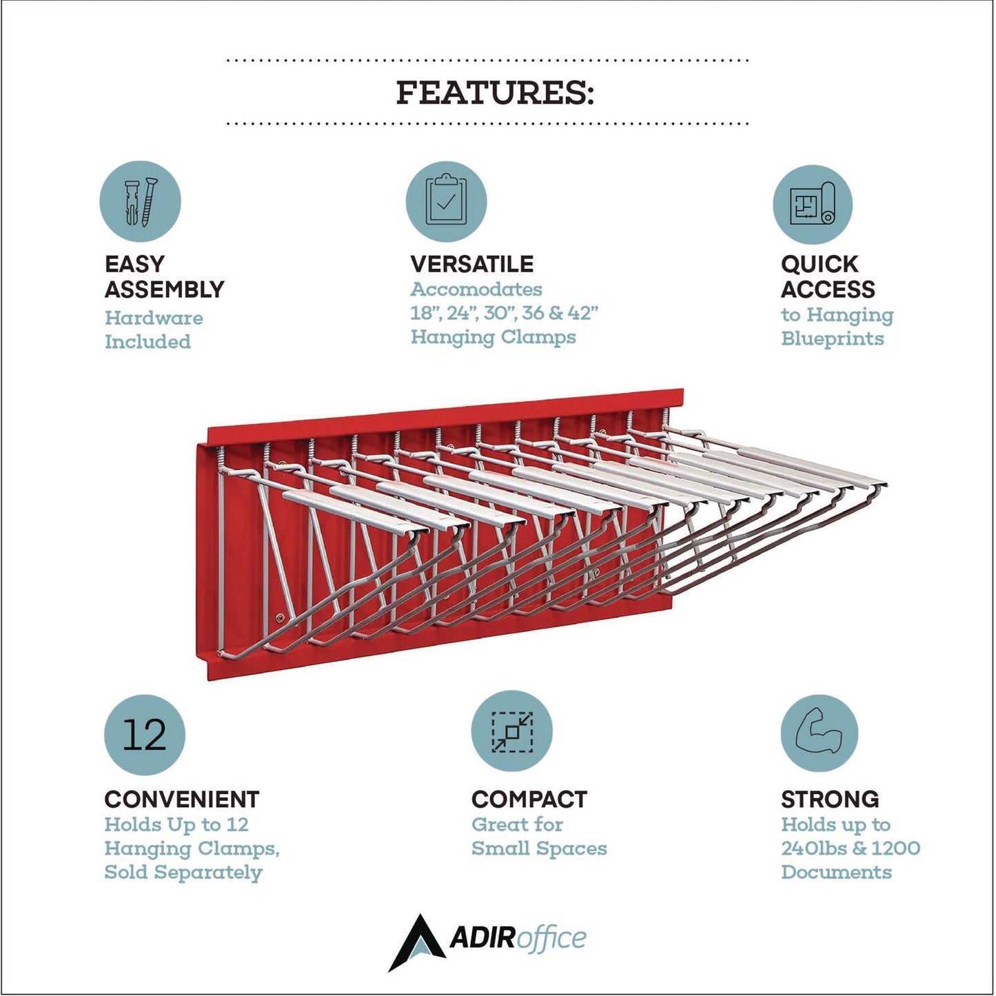 AdirOffice Large File Blueprint Pivot Wall Rack, Assorted Document Sizes Accommodated, 11" x 15.8" x 23.9", Red