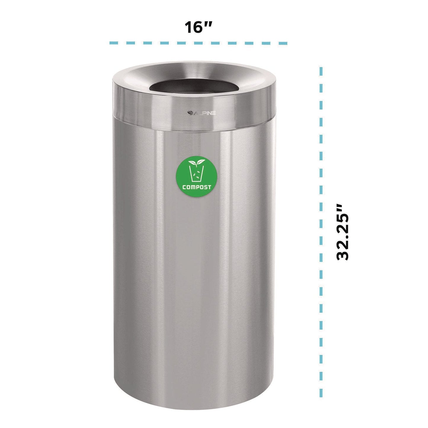 Alpine Industries 27 Gallon Stainless Steel Compost Can, Brushed Stainless Steel