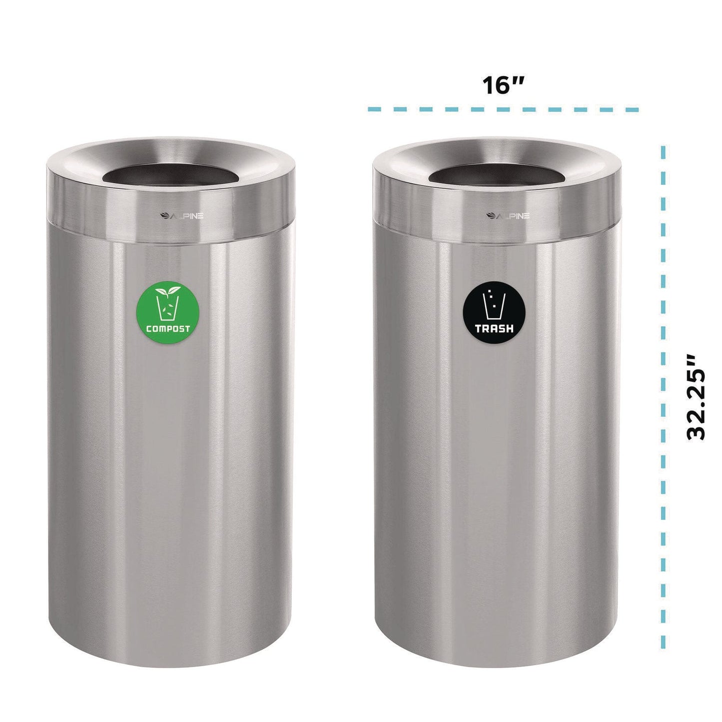 Alpine Industries 27 Gallon Stainless Steel Compost Bin and Trash Can, Brushed Stainless Steel