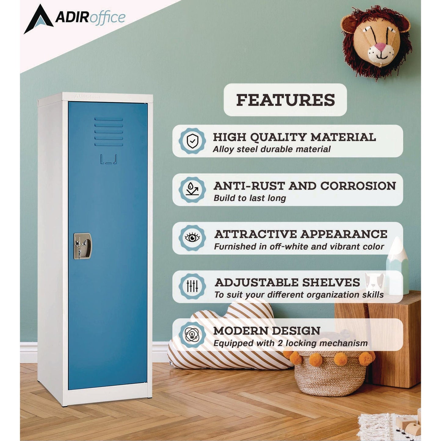 AdirOffice Steel Storage Locker, 1 Compartment, 15 x 15 x 48, Blue
