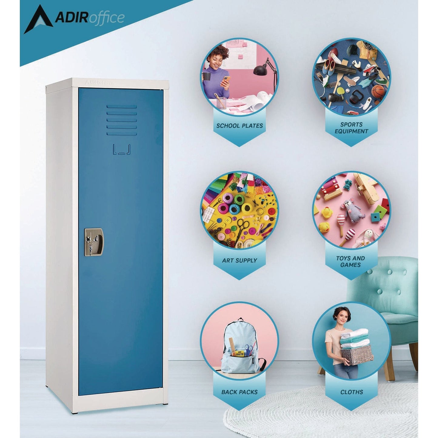 AdirOffice Steel Storage Locker, 1 Compartment, 15 x 15 x 48, Blue