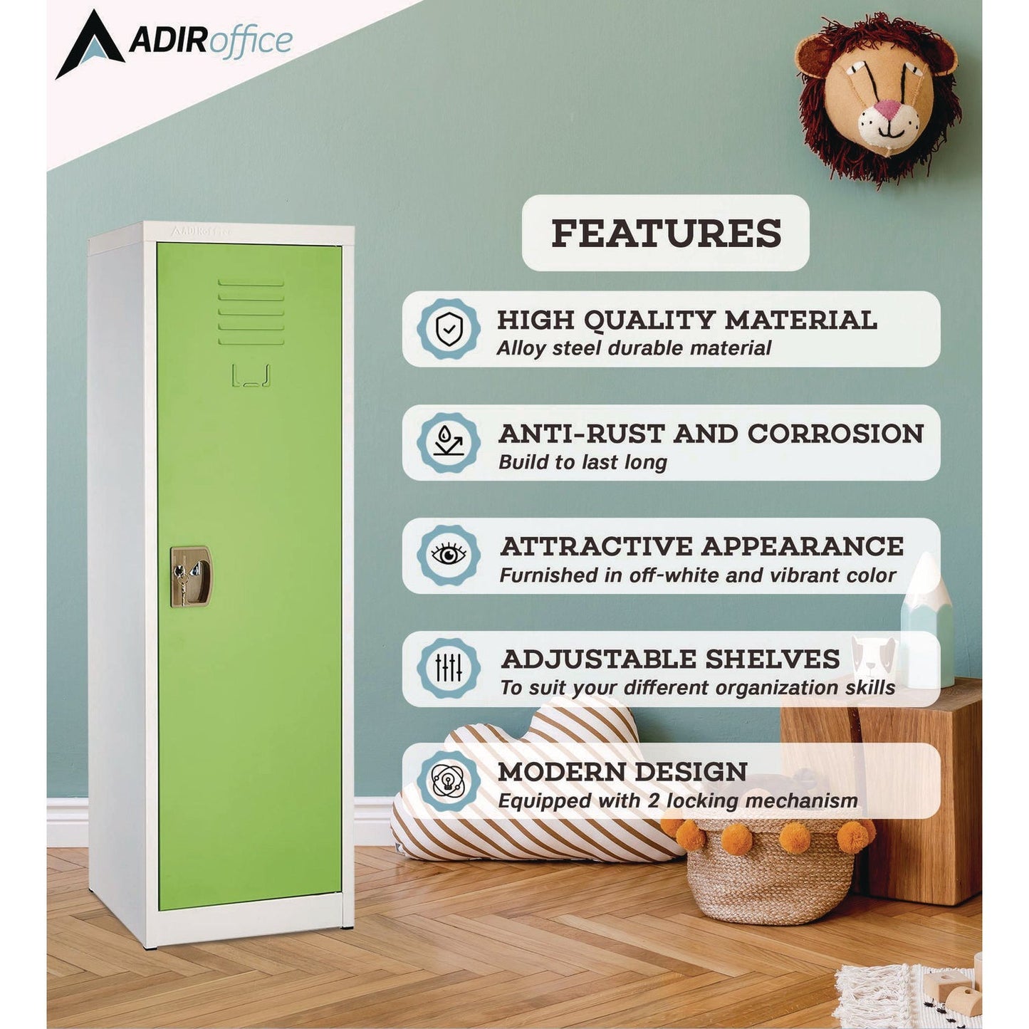 AdirOffice Steel Storage Locker, 1 Compartment, 15 x 15 x 48, Green