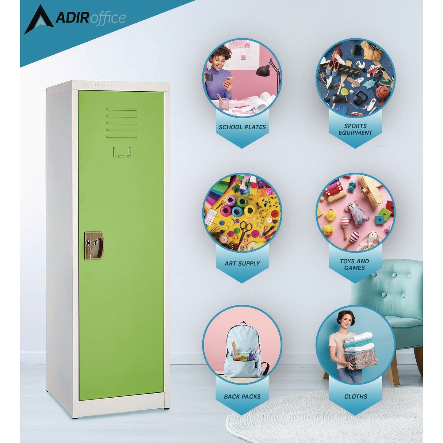 AdirOffice Steel Storage Locker, 1 Compartment, 15 x 15 x 48, Green